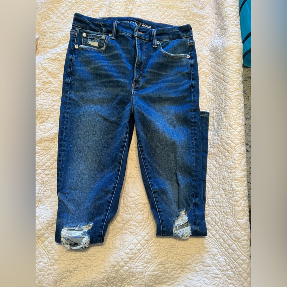 AE distressed dark wash super high-rise jegging